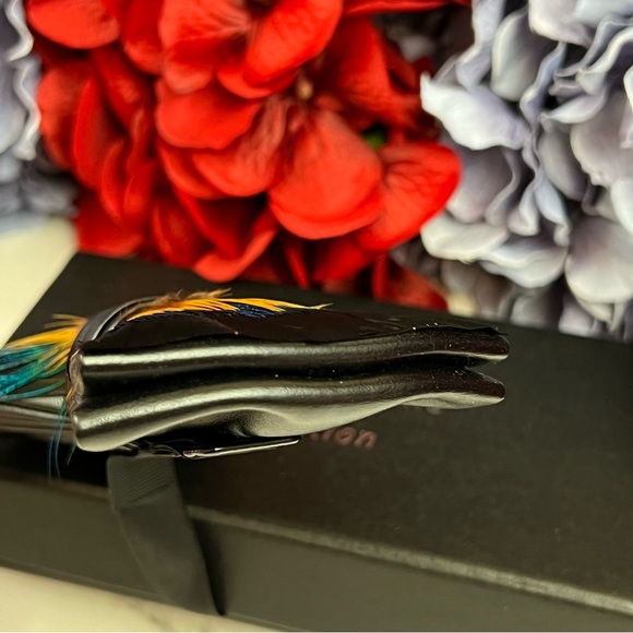 Handmade Green, Gold, and Black Dotted Feather Bow Tie Boutonnière Lapel Pin Set - Picture 5 of 12